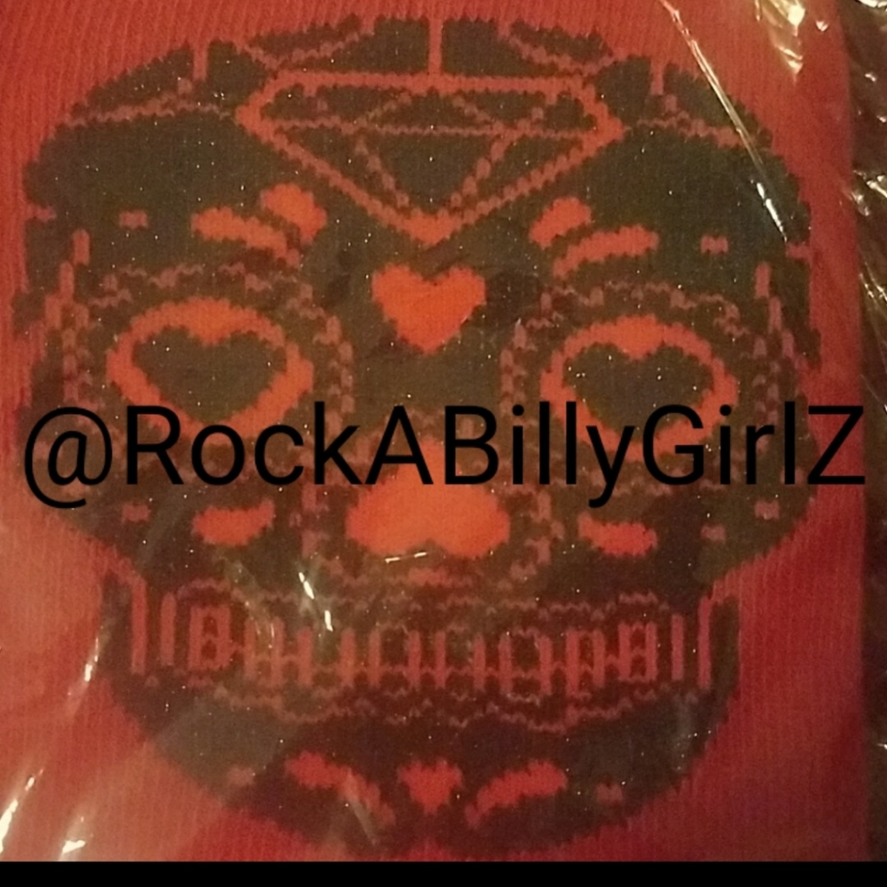 Sourpuss 19" Red Day of Dead Sexy Thigh High Socks w Double Sided Black Skulls - Picture 5 of 6